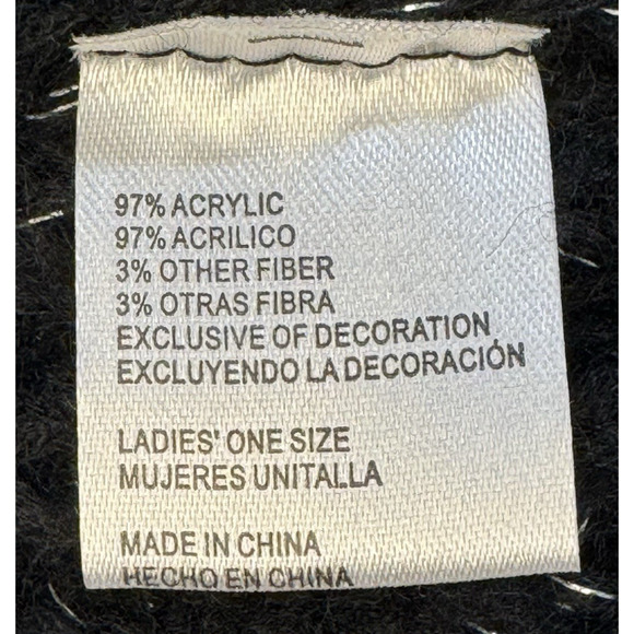 Black Knit Pom Pom Beanie Hat Silver Metallic Thread Womens One Size - Picture 5 of 5